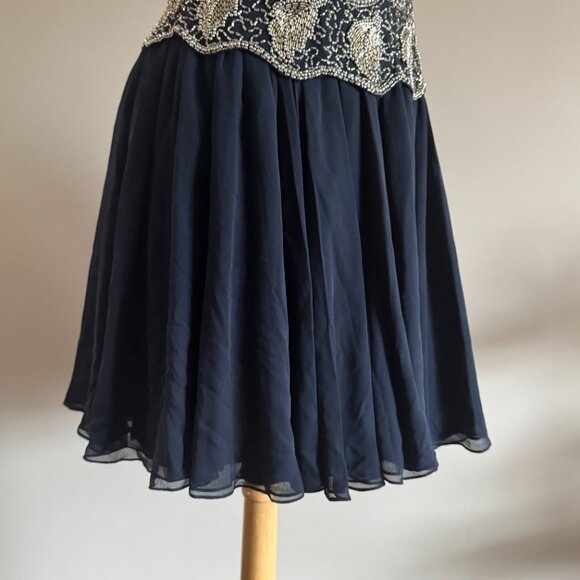 Vintage Oleg Cassini Navy 100% Silk Silver Pearl Beaded Party Dress | Sz 8 - Picture 10 of 14